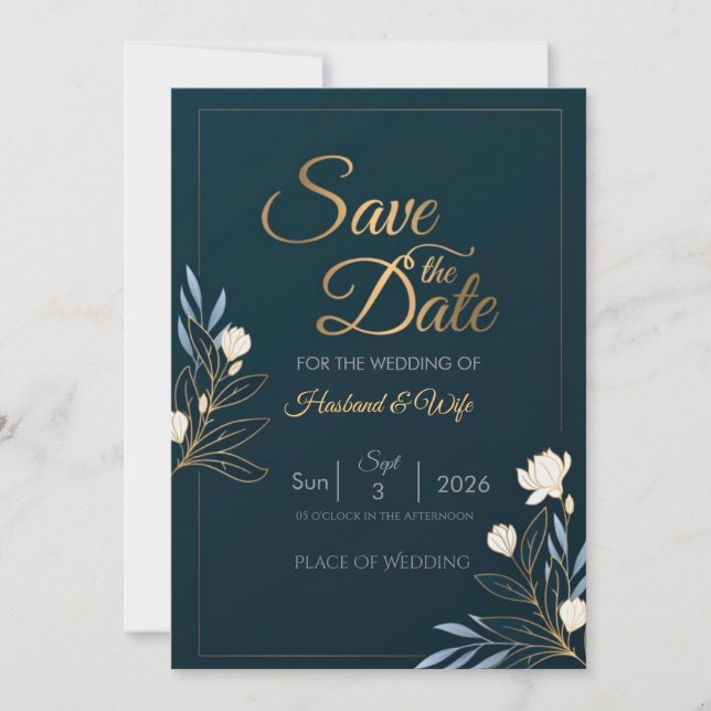 Elegant Navy Blue Gold Floral Save the Date Card (Frente)