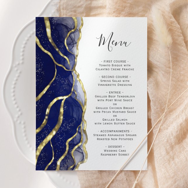Elegant Navy Blue Gold Ink Wedding Menu (Criador carregado)