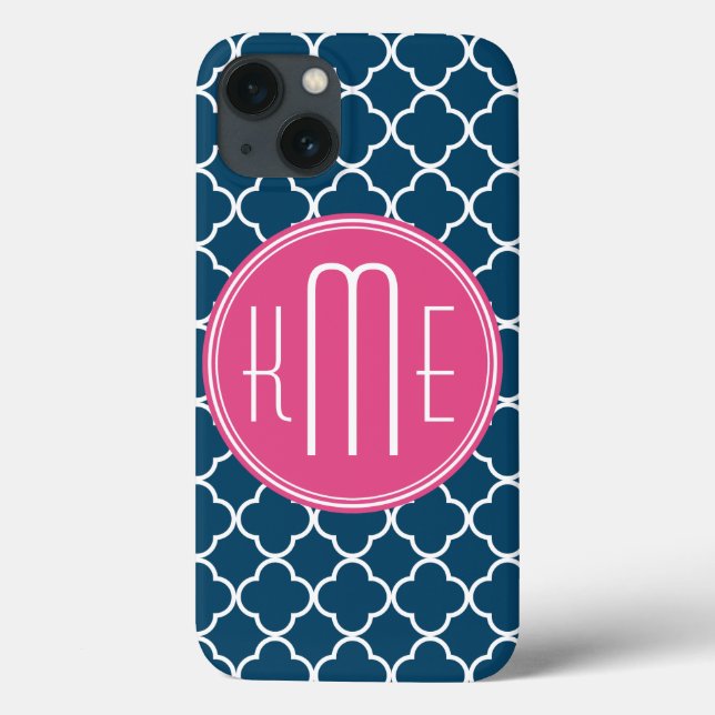 Elegant Navy Blue Quatrefoil with Pink Monogram (Verso)