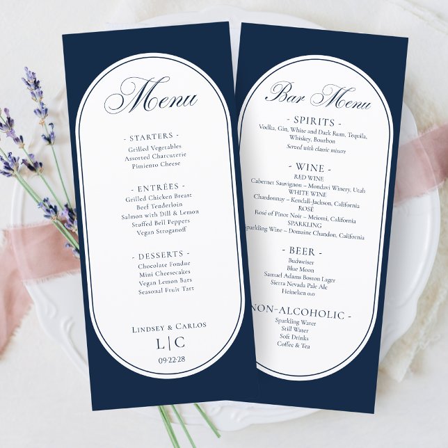 Elegant Navy Blue Wedding Dinner Menu & Bar Menu (Criador carregado)