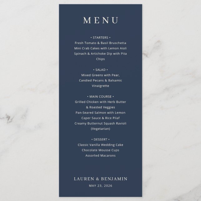 Elegant Navy Formal Menu (Frente)