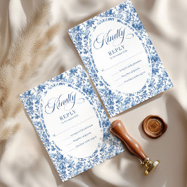 Elegant Navy Toile Roses Wedding RSVP Card 