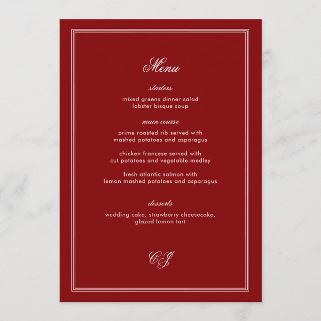 Elegant Old Money Burgundy Wedding Menu (Frente)