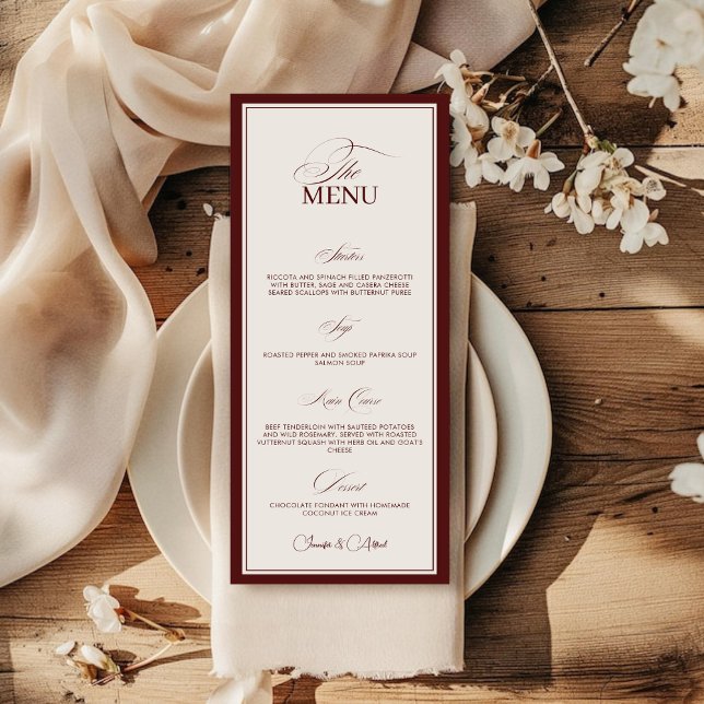 Elegant Old Money Wedding Red Dinner Menu Card (Criador carregado)