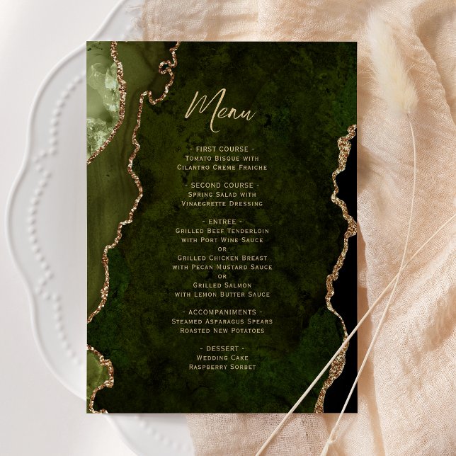 Elegant Olive Green Gold Agate Wedding Menu (Criador carregado)