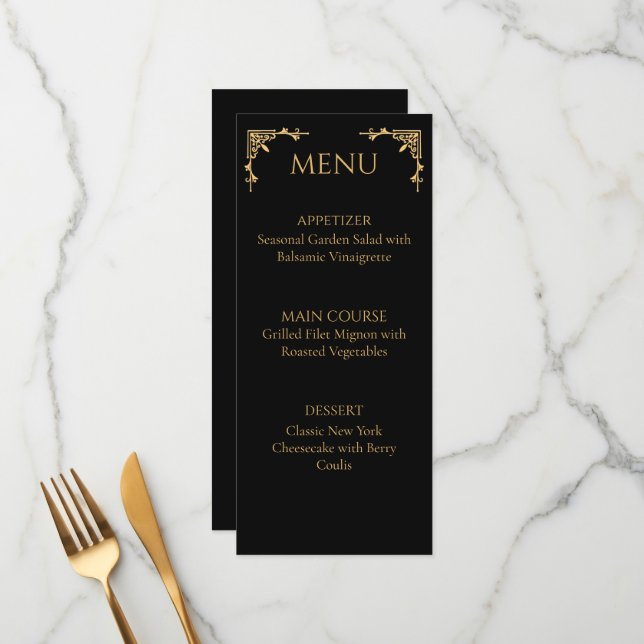 Elegant Onyx Black and Gold Flourish Wedding Menu (Frente/Verso In Situ)