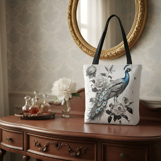 Elegant Peacock Tote Bag with Floral Illustration