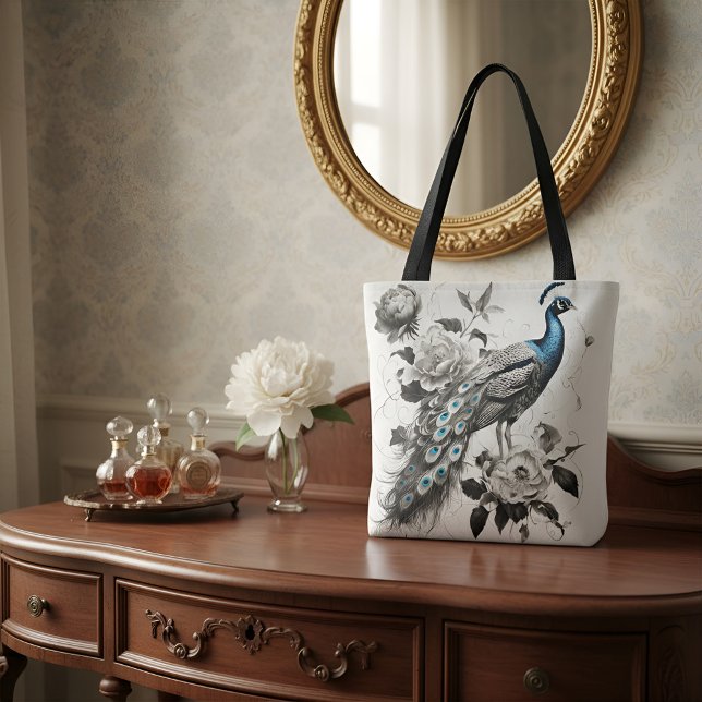 Elegant Peacock Tote Bag with Floral Illustration  (Criador carregado)