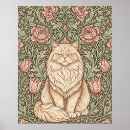Elegant Pink Floral Cat Poster William Morris Art 