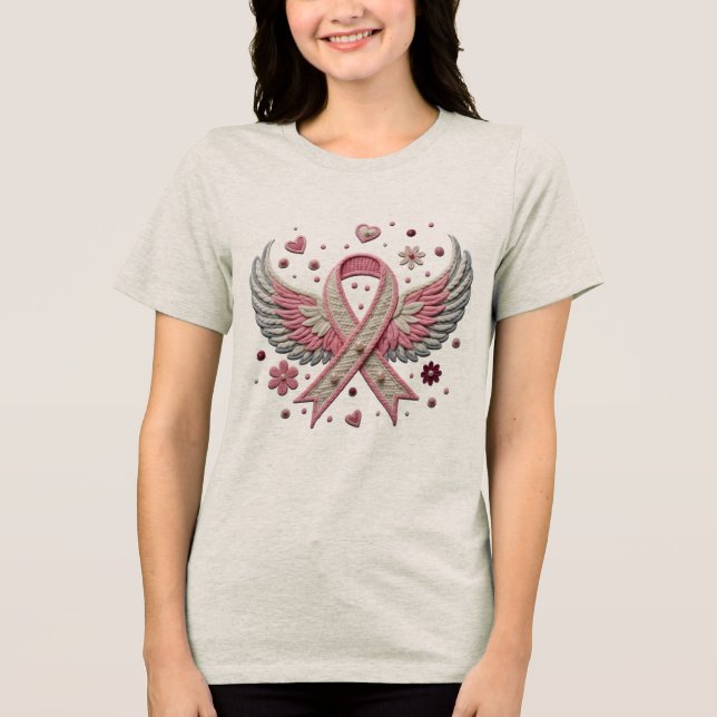 Elegant Pink Ribbon with Angel Wings Embroidery  (Frente)