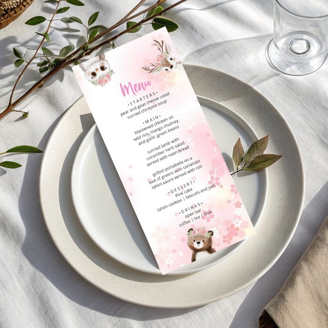 Elegant Pink  Woodland Baby Shower Menu Card (Criador carregado)