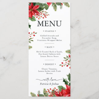 Elegant Poinsettia Christmas Wedding Menu Card