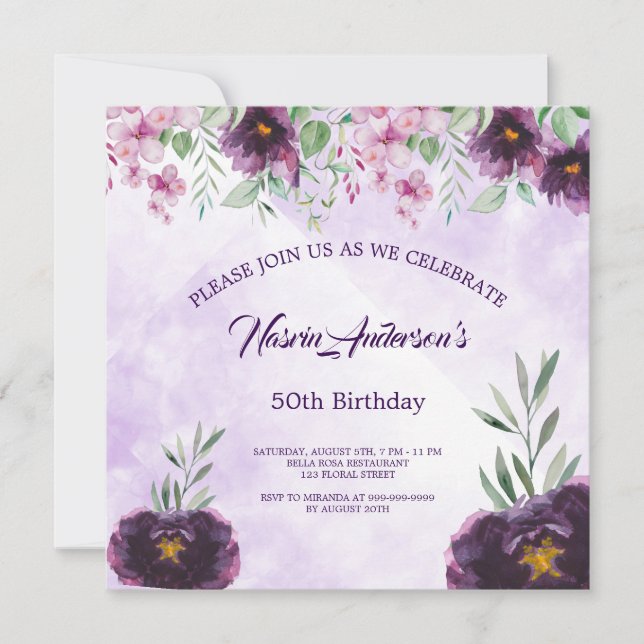 Elegant Purple Floral Birthday Invitation (Frente)