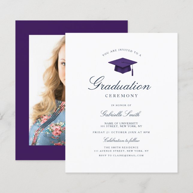 elegant purple graduation ceremony invitation (Frente/Verso)