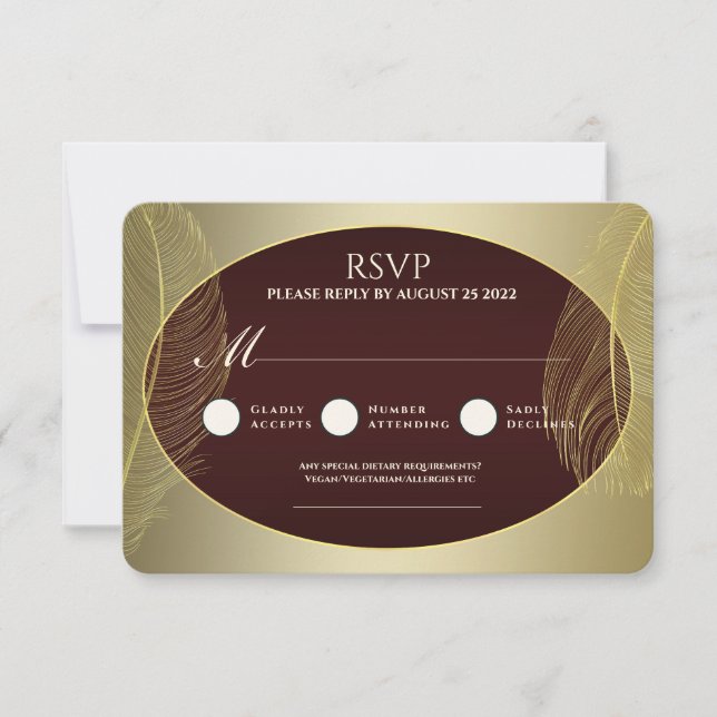 Elegant Red Gold Oval Feather RSVP Card (Frente)