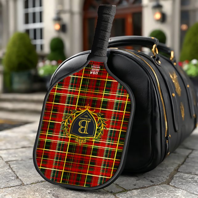 Elegant Red Gold Tartan Monogrammed Corporate  (Elegant Classic Red Plaid Monogrammed Tartan Pickleball Paddle )
