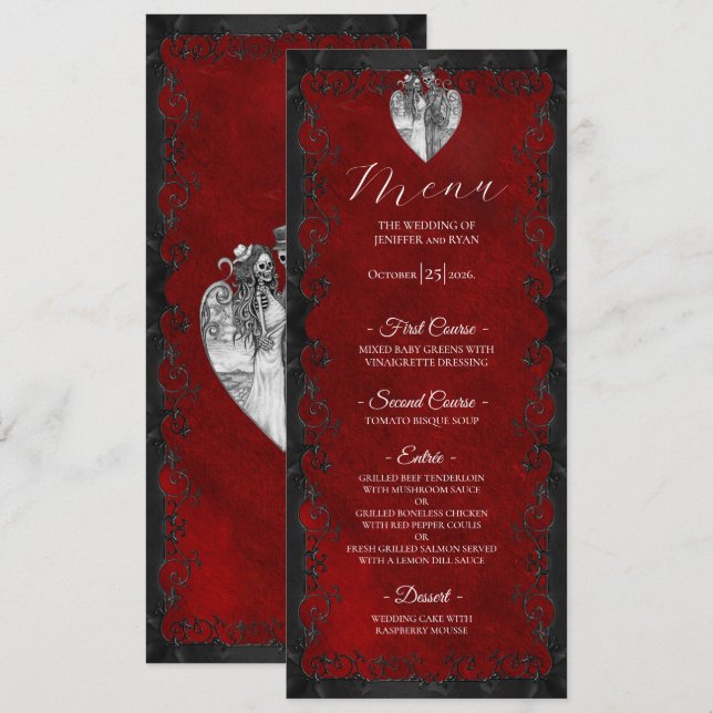 Elegant red Gothic Wedding Menu (Frente/Verso)