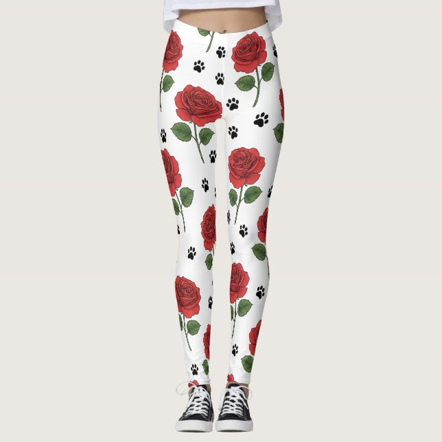 Elegant Red Rose & Playful Paw Print Leggings (Frente)