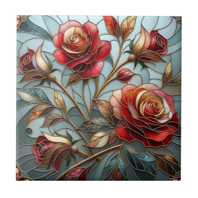 Elegant Red Rose Stained Glass Floral Gold Accent  (Frente)