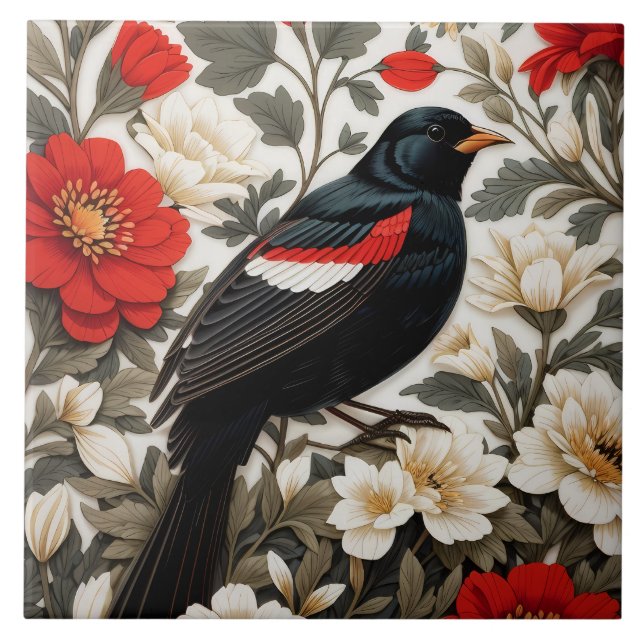 Elegant Red-winged Blackbird Red and Cream Floral (Frente)