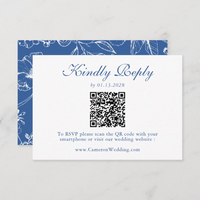 Elegant Royal Blue Floral QR Code Wedding RSVP  (Frente/Verso)