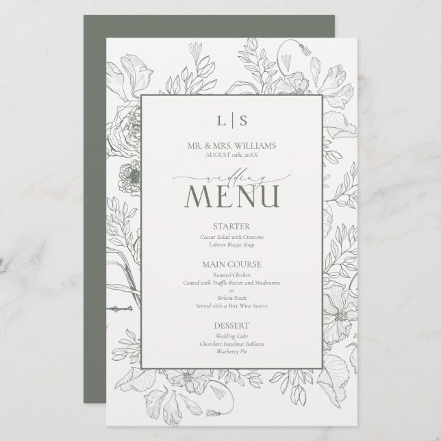 Elegant Sage Green Calligraphy Monogram Menu Card (Frente/Verso)