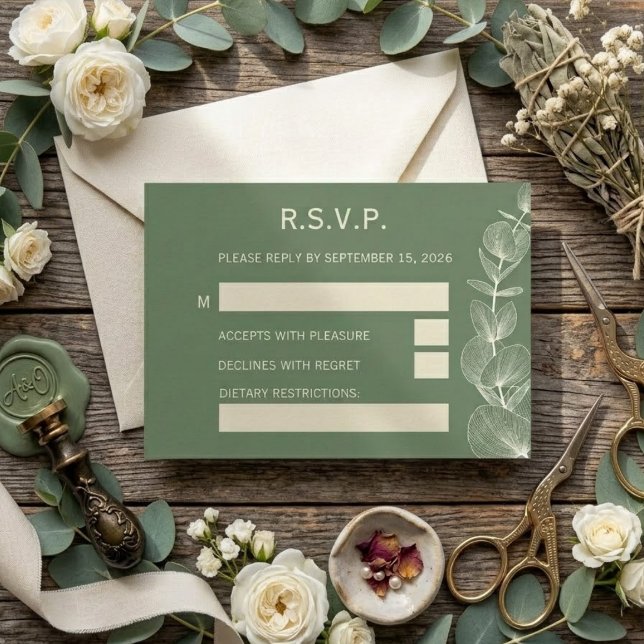 Elegant Sage Green Eucalyptus Wedding RSVP Reply C (Criador carregado)