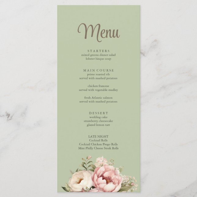 Elegant Sage Green Peony Floral Wedding Menu (Frente)