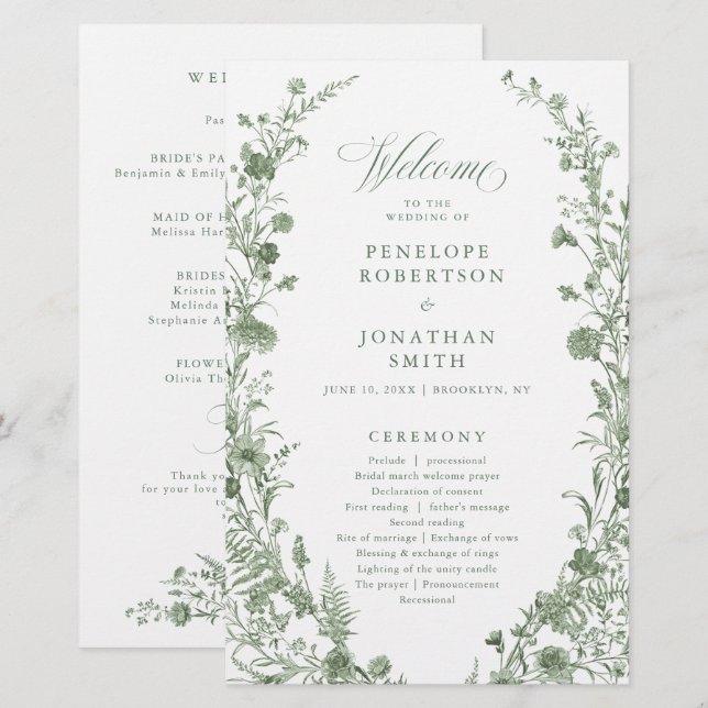 Elegant Sage Green Vintage Floral Wedding Program (Frente/Verso)