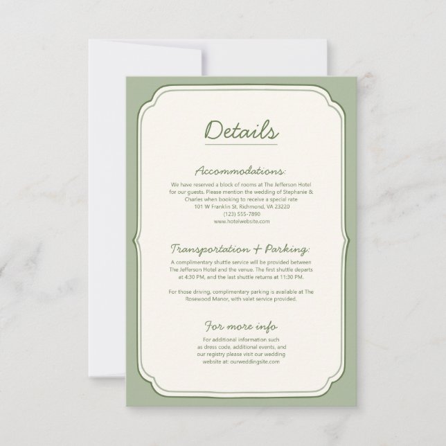 Elegant Sage Green Wedding Details Card  (Frente)