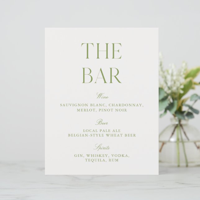 Elegant Sage Green & White 8.5x11 Wedding Bar Sign (Em pé/Frente)