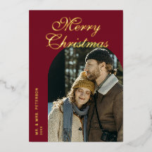 Elegant Script Arch Newlyweds Photo Red Gold