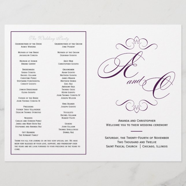 Elegant Script Wedding Program - EggPlant Purple (Frente)