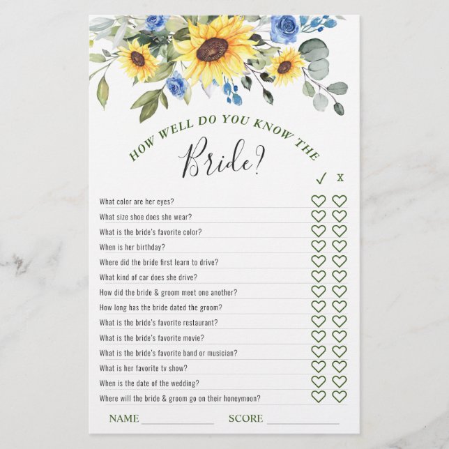 Elegant Sunflowers Eucalyptus Bridal Shower Game (Frente)