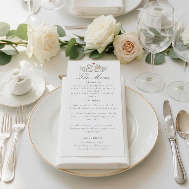Elegant Swans Romantic Love Script Dinner Menu (Criador carregado)