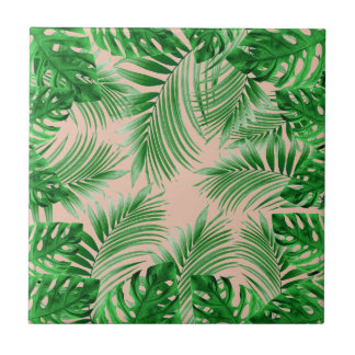 Elegant Tropical green palm leaves pattern pink ba