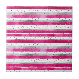 Elegant Valentine Pink Silver Hearts on Striped