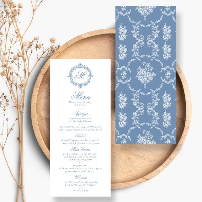 Elegant Vintage Blue Toile Monogram Wedding Menus (Criador carregado)