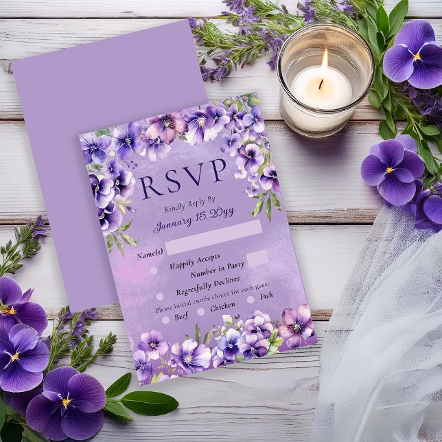 Elegant Violet Floral Wedding RSVP Card (Elegant violet florals for a refined and timeless wedding RSVP card.)