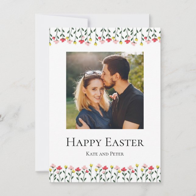 Elegant Watercolor Floral Photo Happy Easter Card (Frente)