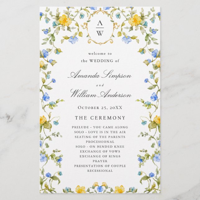 Elegant Watercolor Floral Wedeemony Program (Frente)