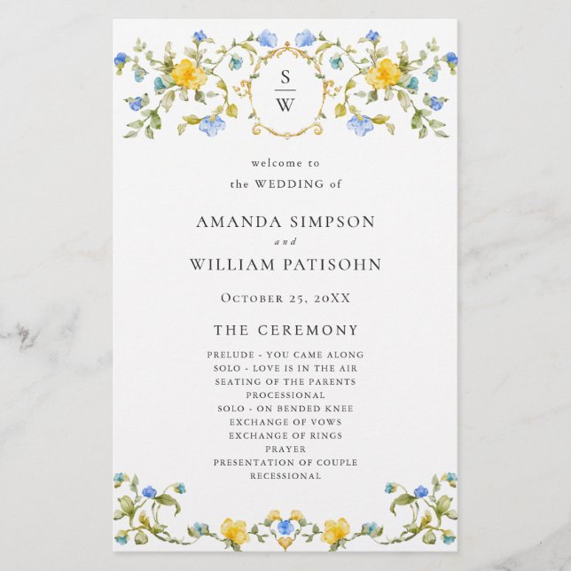 Elegant Watercolor Floral Wedeemony Program (Frente)