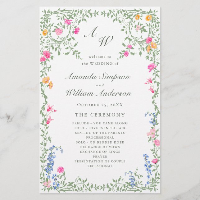 Elegant Watercolor Floral Wedeemony Program (Frente)