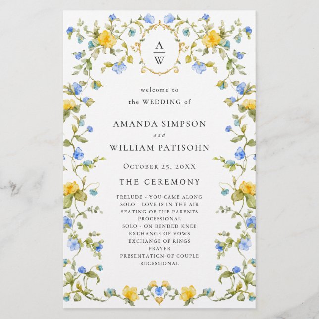 Elegant Watercolor Floral Wedeemony Program (Frente)