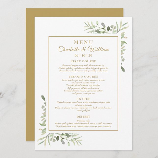 Elegant Watercolor Greenery Gold Dinner Menu (Frente/Verso)