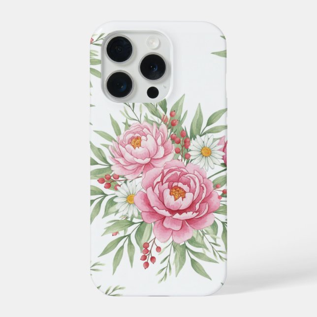 Elegant Watercolor Pink Peony Floral iPhone 15 Pro (Verso)