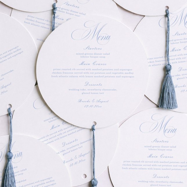 Elegant White and Blue Wedding Menu Circle Card (Criador carregado)