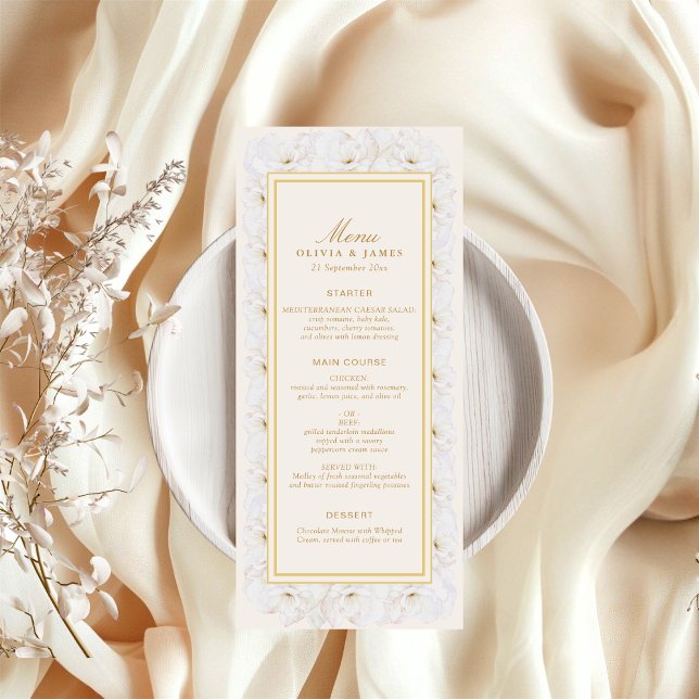 Elegant White Floral Ivory Gold Border Menu (Criador carregado)