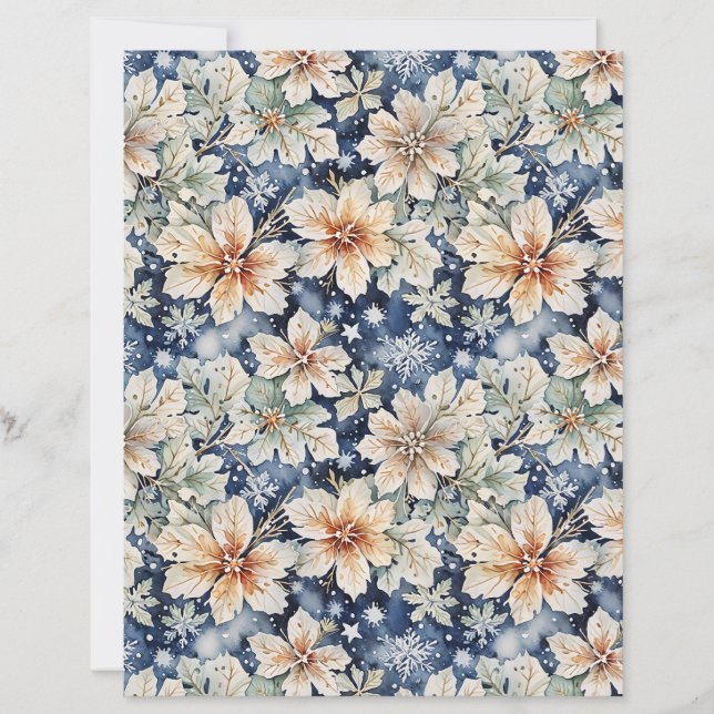 Elegant White Floral & Navy Blue Winter Paper (Frente)