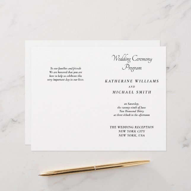 Elegant White Minimal Wedding Programs (Frente/Verso In Situ)